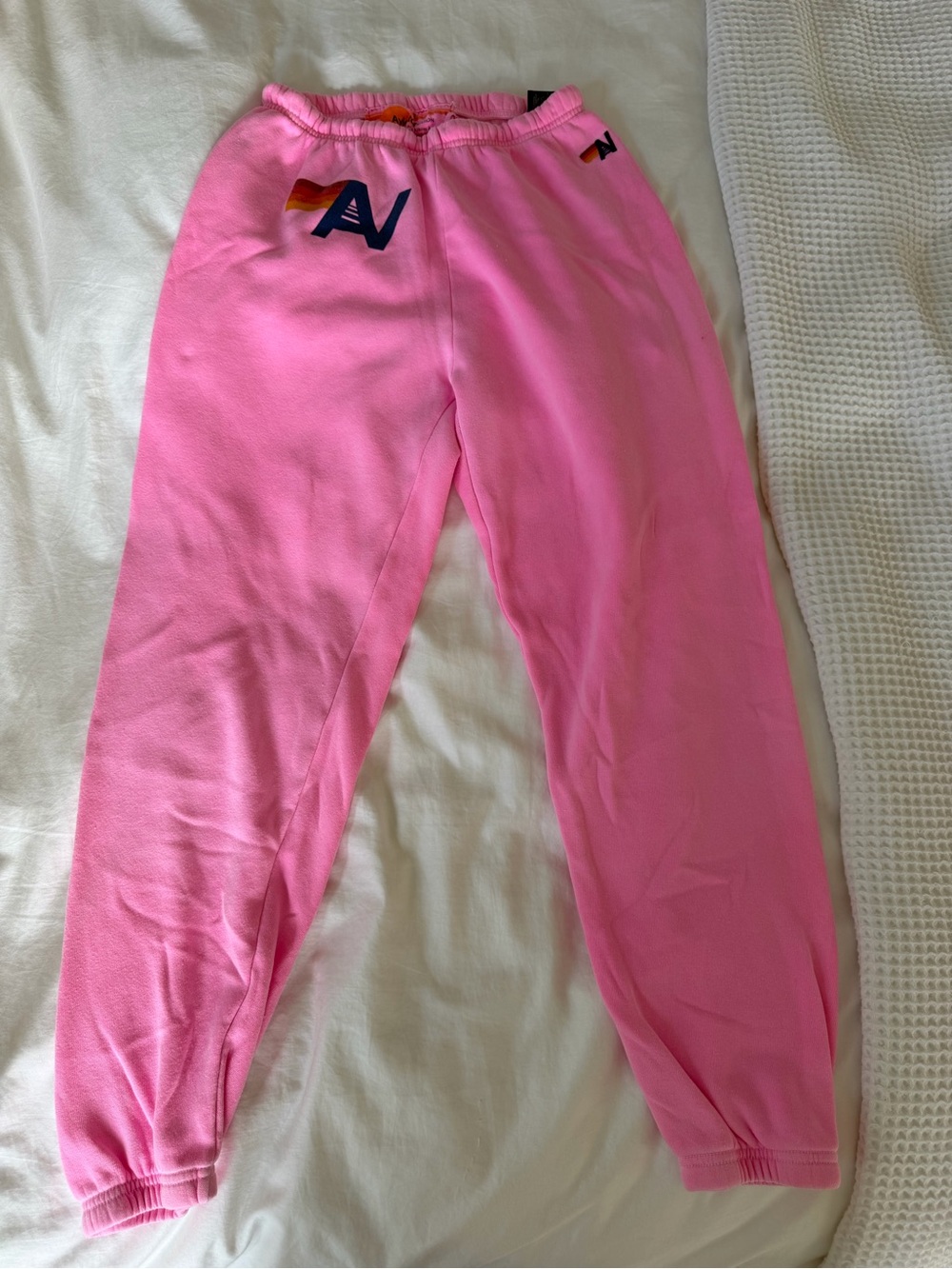 Aviator Nation Pink Joggers with Rainbow AV Logo